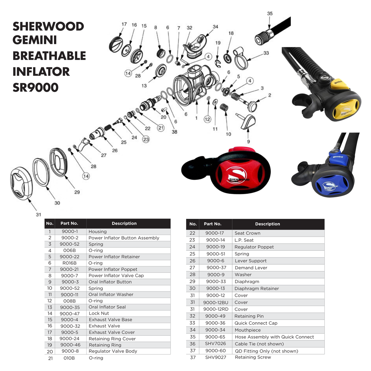 Sherwood GEMINI Breathable Inflator SR9000 Parts